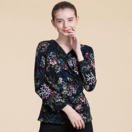 Women's T Shirts Printed Double Woolen Sweater Female Cross V Collar Bottoming Jacket Self-cultivation.