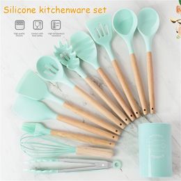 10/11/13pcs Silicone Cooking Tools Set Non-Stick Spatula Shovel Wooden Handle Cooking Utensils Set With Storage Box Kitchen Tool T200415