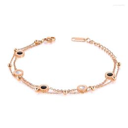 Fashionable And Versatile Double-layer Double-sided Black White Shell Bracelet Titanium Steel Ladies Rose Gold-plat Link Chain