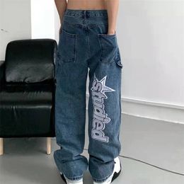 Retro Pockets Letter Embroidery Ripped Casual Jeans Men Straight Wide Leg Pant Women Harajuku Oversize Streetwear Denim Trousers 220328