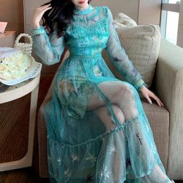 Casual Dresses Summer Sweet Gauze Temperament Fairy Midi Dress 2022 Women See Through Mesh Lace Tulles High Waist A-Line VestidosCasual