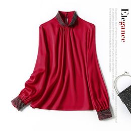 Women's Blouses & Shirts Early Spring 2022 High Collar Mesh Pin Bead Chain Long Sleeve Pullover For Women