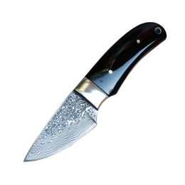Small Damascus Fixed Blade Outdoor Survival Knife VG10 Damascus Steel Blades Acrylic & Copper Head Handle Camping Hunting Knives With Leather Sheath