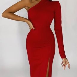 Red Elegant Dresses For Women Fashion One Shoulder Maxi Dress Bodycon Spring Summer Ladies Sexy Evening Club Party Dress 220510
