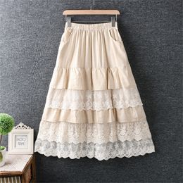 Japanese style lace patchwork kawaii layers long cake skirt saia cotton autumn skirt lolita vintage saia 201110