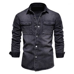Men's Casual Shirts Vintage Denim Solid Color Jeans Shirt Tops Washed Retro Clothing Turn Down Collar