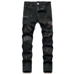 Black Ripped Jeans Men Rivit Slim Fit Straight Leg High Quality Jean Pant Hip Hop Casual Trousers