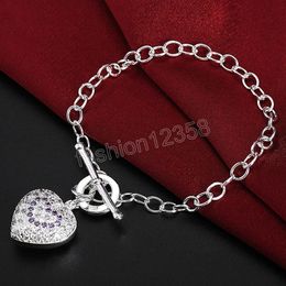 925 Sterling Silver Purple AAA Zircon Heart Bracelet For Women Wedding Engagement Party Fashion Jewellery