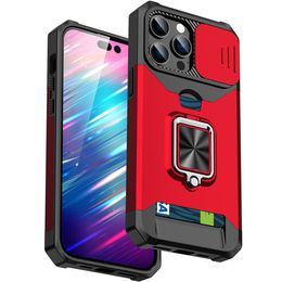 Shockproof Hybrid PC TPU Armor Car Holder Magnet Defender Phone Cases For iphone 15 pro max 14max 14pro 14/6.1 Card Pocket Finger Ring Cover