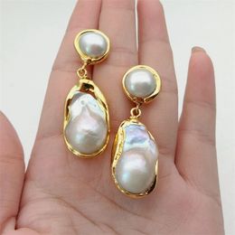 White Keshi Gold Colour Plated Stud Earrings Nucleated Flameball Baroque Pearl earrings luxury wedding for women