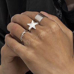 Hip Hop Silver Colour Alloy Ring for Men Vintage Geometric Big Star Trendy Set of Rings Kpop Jewellery Party Accessories