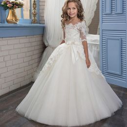 Girl's Dresses Fancy 2022 Elegant Ivory Half Sleeve Boat Neckline Holy First Communion Flower Girls Appliques Tulle Pageant Dress