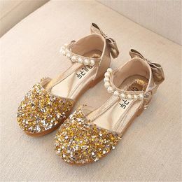 Summer Bowknot Children Girl Sandal Princess Shoes Baby Girls Flat Bling Leather Sandals Fashion Sequin Soft Kids Dance Party Sparkly Shoes Size 21-35