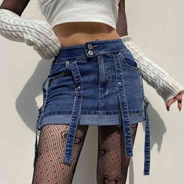 Vintage Women'S Denim Skirt Streetwear Summer Streamers Short Skirt E Girl Bottoms Female High Waist Flanging Bag Hip Jean Skirt T220819