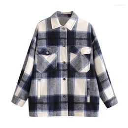 Women's Jackets Vintage Pockets Oversized Plaid Shirts Coat Women 2022 Fashion Lapel Collar Long Sleeve Loose Outerwear Casual Chic Tops