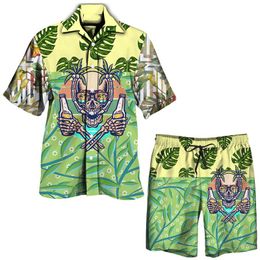 Men's Tracksuits Summer Men's Hawaiian Set Funny 3D Skull Printed Short Sleeve Lapel Button Shirt/Beach Shorts/Suit Casual Trip 2 Piece