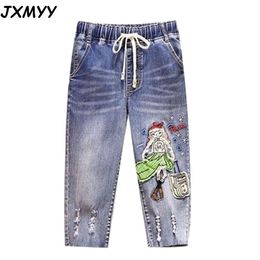 letter printing elegant plus size women's Korean version of thin denim cropped pants loose stretch pants summer 210412