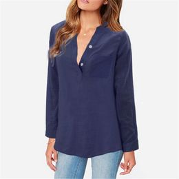Women's Blouses & Shirts Women Blue Tops And Stand Collar Long Sleeve Casual Loose Tunic Shirt Blouse Women's Clothing Camisas Mujer Ver