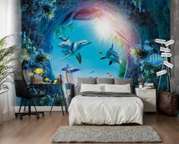 3D Murals Wallpaper coffee shop lounge living roomunderwater world dolphin background wall wallpaper mural painting room decor stickers muraux