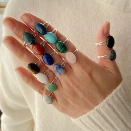 Natural Stone Ring Silver Colour Agates Rings for Women Reiki Healing Crystal Handmade Ring Trendy Jewellery Party Gift