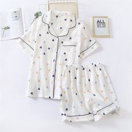 Japanese summer ladies cotton gauze short sleeve shorts Pyjamas cute heartshaped thin section home service suit woman 220712