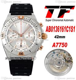 TF B01 ETA A7750 Automatic Chronograph Mens Watch Two Tone Rose Gold Silver Dial Stick Markers Rubber Strap AB0136251B2S1 Super Edition Puretime 01g7