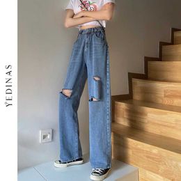 Yedinas Spring Fashion High Street Jeans Woman Hole Wasit Mom Ladies Denim Pants Korean Ripped Trousers Women 210527