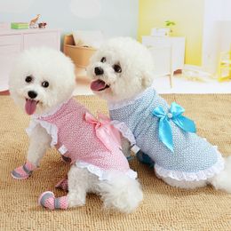 Spring Summer Dog Apparel Dot Pattern with Bow Knot Pet Clothing Shirt Dress Comfortable Lace Lace Matching Cats Dogs Outfit Pink Blue Wholeale 1222596