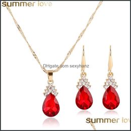 Earrings Necklace Jewelry Sets Fashion Colorf Crystal Water Drop Earring Set Gold Color Chain Necklaces For Girls Women Wedding Gift Deliv