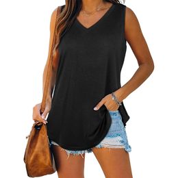 Women Summer Tank Tops Loose Sleeveless Casual Blouses V Neck Camis Solid Colour Shirts