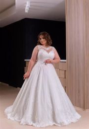 2023 Vintage Plus Size A Line Wedding Dress Juvel Neck spets Appliced ​​elfenben tyll brudklänningar långa bröllopsklänningar ärmlösa sommarrockar de de