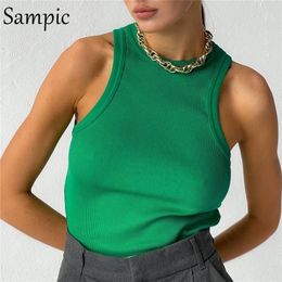 Sampic Knitted Summer Ribber Sleevless T Shirt Tops Women Casual Khaki White Crop Tops Club Short Skinny Tank Tops Fashion 220607