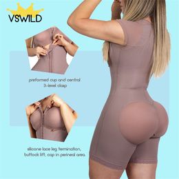 Adjustable Hook Fajas Colombianas Waist Corset And Eye Front Closure Short Sleeve Women Shapewear With Bra 220513