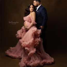 Dust Pink Pregnant Women's Prom Dresses 2022 Maternity Long Robes for Photo Shoot Front Split Ruffled Photography Dress