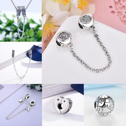 925 Silver Fit Pandora Charm 925 Bracelet Dazzling Elegance Thread Safety Chain Clip charms set Pendant DIY Fine Beads Jewelry