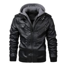 Men's Jackets Autumn Winter Men's Motorcycle Leather Jacket Windbreaker Hooded Male Outwear Warm Biker PU L-5LMen's