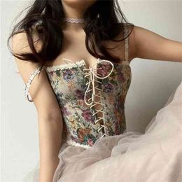 Vintage Corset Crop Top Women Bustier Top Sexy Floral Tank Top Women Flower Camisole Tanks 210401