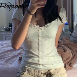 Rapcopter y2k Frill Crop Top Button Short Sleeve Cute Sweet Tee Women Vintage Basic Casual T Shirt Women Summer Chic Korean Tops 220408