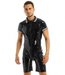 Mens Catsuit Costumes Sexy Underwear Wetlook pvc faux Leather Front Zipper Jockstraps Boxer Shorts Leotard Clubwear Bodystocking