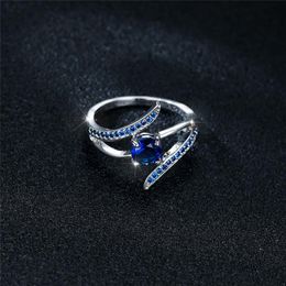 Wedding Rings Luxury Female Crystal Round Thin Ring Classic Silver Color Engagement Charm Blue Zircon Stone For WomenWedding