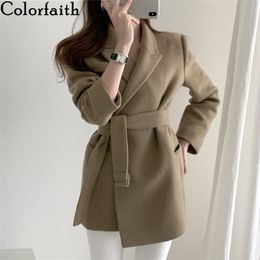 Colorfaith Autumn Winter Women Jackets Woollen Formal HighQuality Lace Up Office Lady Wild Quilted Warm Coat CO1803 201027