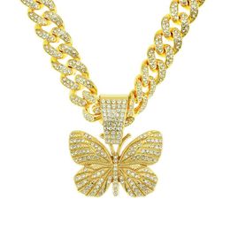 Pendant Necklaces Hip Hop Punk Bling Iced Out Full Rhinestones Cuban Chain Gold Color Butterfly Necklace For Men Women Rapper Jewelry GiftPe