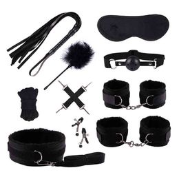 Nxy Sm Bondage Plush Handcuffs Sex Products for Adults Games Bdsm Constraint Ankle Cuffs Nipple Clamps Rope Pu Whip Black 10pcs Set 220426