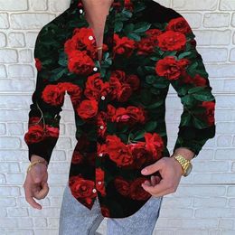 Men Shirt Long Sleeve Floral Print +The Red Flower Clothing Autumn Streetwear Casual Fashion 220324