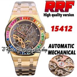 RRF 41MM jc15412 Automatic Mechanical Mens Watch Rainbow T Diamond Bezel Skeleton Black Dial Double Balance 316L Stainless Steel Gold Bracelet eternity Watches