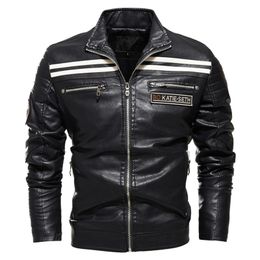 Men Jacket Zipper Leather Jacket Black Motorcycle Jacket Men Stripe Design Slim Fit Street Wear Coat Autumn Winter Fashion Tops 201104