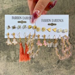 6 Pairs Women dangle geometric Pink Crystal Wrap Stud Earrings Set Creative Simple Butterfly ear studs Jewellery