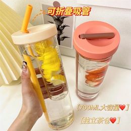 700ML Large Capacity Korean Version of Simple Plastic Water Cup Folding Straw Philtre Lemon Net Red Cute Female Student 220509