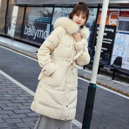 Winter Fur Collar White Duck Down Jacket Long Section Tie Waist Coat White black green LJ201127