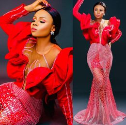 2022 Plus Size Arabic Aso Ebi Red Mermaid Luxurious Prom Dresses Beaded Sexy Evening Formal Party Second Reception Birthday Engagement Gowns Dress ZJ536